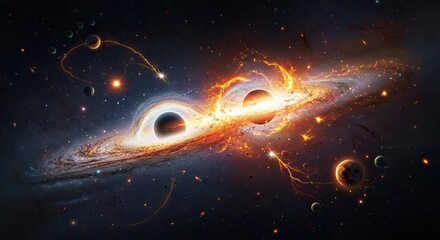 Two black holes amidst cosmic chaos engulfed by a vibrant fiery galaxy surrounded by planets and stars