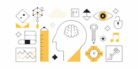 Abstract illustration of a human head with a brain and various symbols representing creativity learning and problem solving
