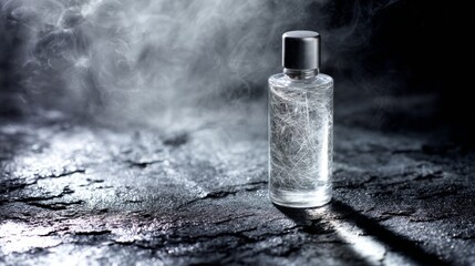 Fragrance perfume bottle surrounded by mist and reflection on dark stone surface for luxury branding
