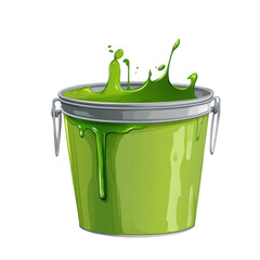 Bright Green Paint Bucket with Splash and Drips on White Background