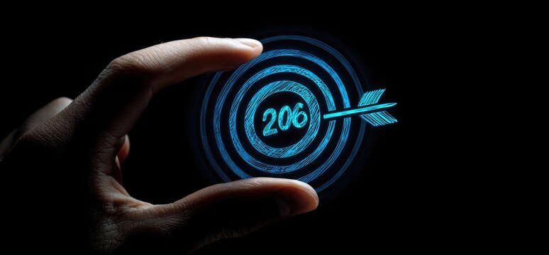 A hand hovers over a holographic target with the number 206 and an arrow, signifying a goal or target