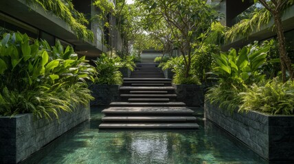 Lush tropical courtyard with reflective pool. Neural network AI generated