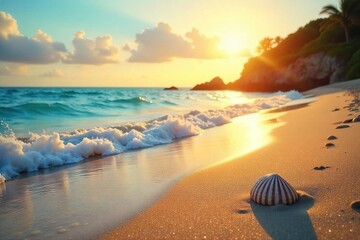 Golden hour sunlight bathes a pristine beach, waves gently lapping the shore  Perfect for summer vacation or travel brochures  Seashells, sandcastles, and tranquil ocean views ,  coastline,  ripple