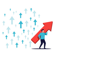 Ambitious businessman carries massive red arrow symbolizing business growth and success upwards