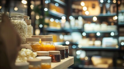 Shelf of artisan soaps and candles in retail boutique illuminated with warm lighting and luxurious ambiance