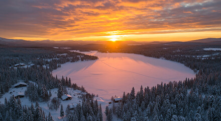 Stunning aerial view of a frozen lake surrounded by snow-covered pine forests at sunrise or sunset, with vibrant orange and pink skies.