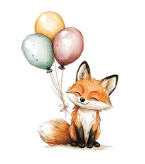 Fototapeta premium Watercolor fox sitting and smiling with colorful balloons on white background, cute and whimsical illustration for kids and nursery.