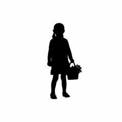 Silhouette of a girl holding a basket of flowers isolated on white background