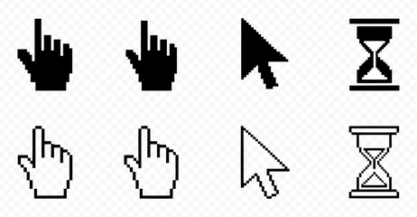 Computer mouse cursor icons. Cursors containing pointer, arrow and hand symbol with pixelated form. Transparent vector illustration.