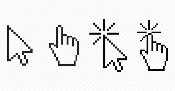 Computer mouse cursor icons. Cursors containing pointer, arrow and hand symbol with pixelated form. Transparent vector illustration.