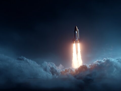 A majestic spacecraft ascends through a sea of clouds, illuminated by the brilliance of its powerful boosters. Witness the thrilling moment of liftoff.