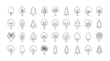 Collection of hand drawn tree silhouettes in various styles and shapes silhouette