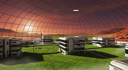 Futuristic Martian Colony Under Dome with Habitation Modules and Green Space.