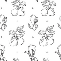 Cute, elegant and trendy fruit print. Vector seamless pattern with pears and hearts. Hand drawn doodle. 