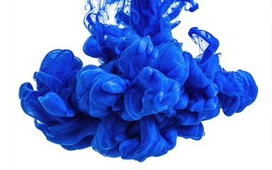 Deep blue ink swirling in water against a white background