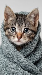 Cozy Kitten in a Blanket: A cute kitten is snugly wrapped in a soft blanket, a heartwarming portrait of comfort and serenity. Evokes a sense of warmth and gentleness. 
