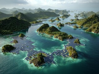 An aerial perspective of a breathtaking coastal landscape showcases a myriad of lush green islands rising from the turquoise embrace of the sea, creating a symphony of natural beauty.