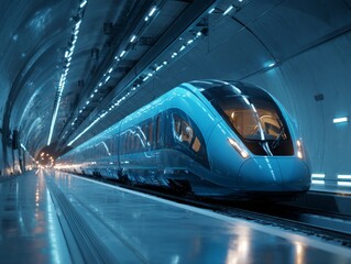 Obraz premium A sleek, modern high-speed train glides through a futuristic tunnel, creating a symphony of speed, technology, and efficiency.