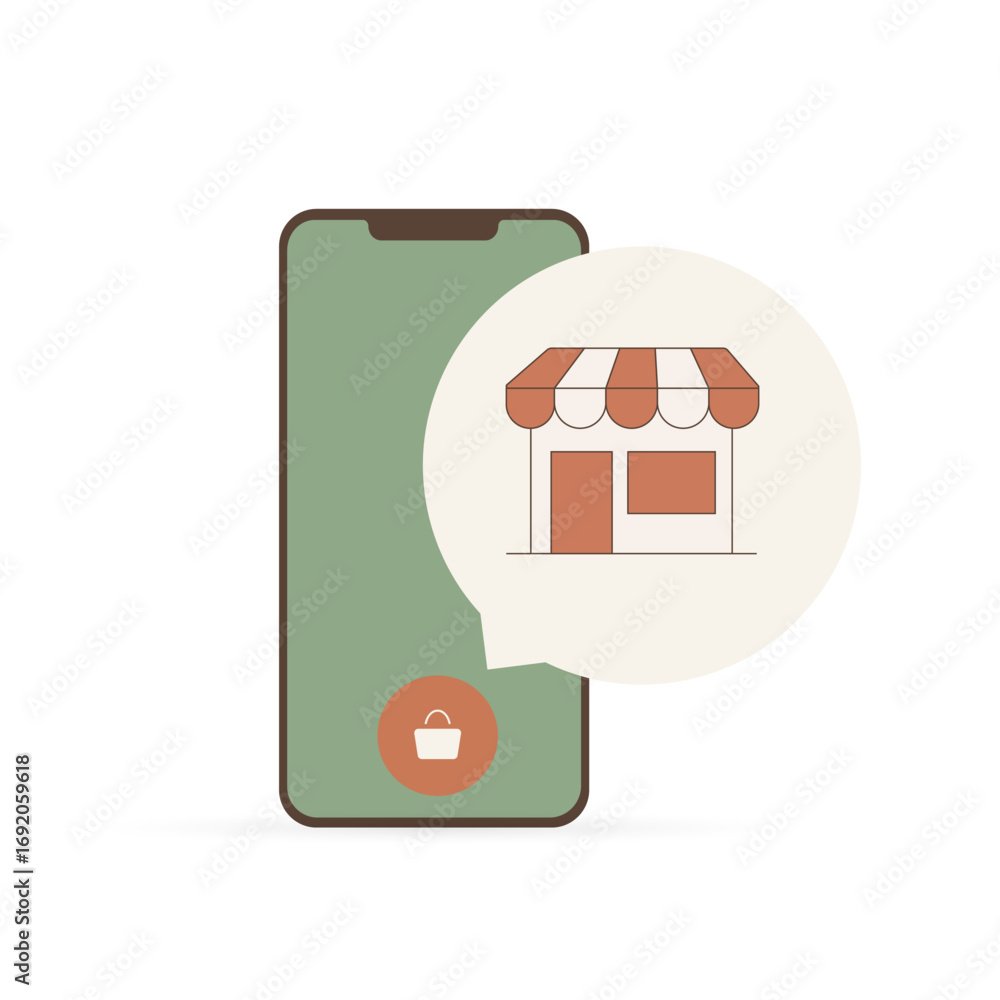 Poster mobile shopping with smartphone app showing digital storefront icon. online store access and e-comme