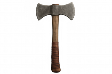 Double bit axe with wooden handle and leather grip isolated on transparent background, perfect for fantasy or historical projects