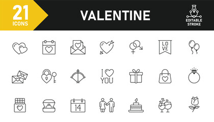 Valentine line icon set. Set of 21 outline icons related to valentine's day, love, heart, ring, chocolate, rose, gift and others. Editable stroke. Vector illustration.