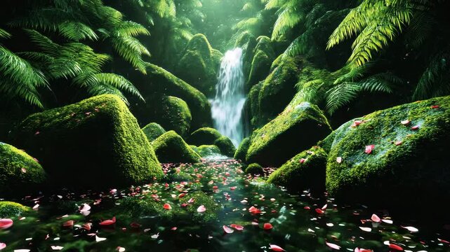 Tranquil waterfall cascade flows through lush green forest with flower petals drifting downstream