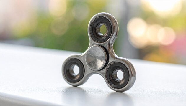 Metallic three-lobed fidget spinner with circular bearings, resting on a white surface with blurred green and white bokeh background, symbolizing focus and stress relief.