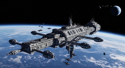 Space Station Orbiting Earth - A Futuristic Vision of Interstellar Travel.