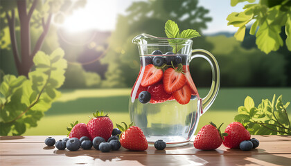 Refreshing berry infused water in a pitcher outdoors