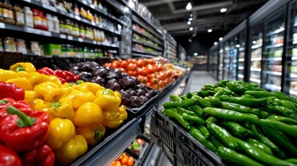 Vibrant display of fresh vegetables including bell peppers and green chilies in grocery store