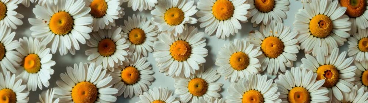 Chamomile flowers arranged on a surface, creating natural and delicate background.