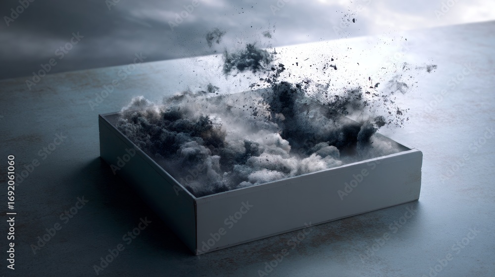 Poster abstract 3d exploding powder from square box against gray background in surreal artistic concept