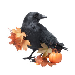Fototapeta premium a Halloween crow, meticulously detailed with visible feather texture, perched naturally on a clean white background, adorned with a tiny polished pumpkin pin and tangled autumn leaves