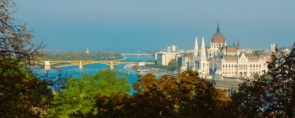 Panorama with Hungarian Parliament building and Danube river at sunset, Budapest, Hungary