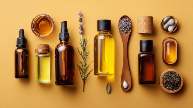 Natural wellness and skincare oil bottles flat lay on warm yellow background with botanicals and coffee beans