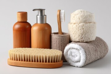 Wooden and beige toiletries, towels, and a brush
