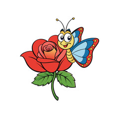 Beautiful butterfly perched on a delicate rose flower against a clean white background