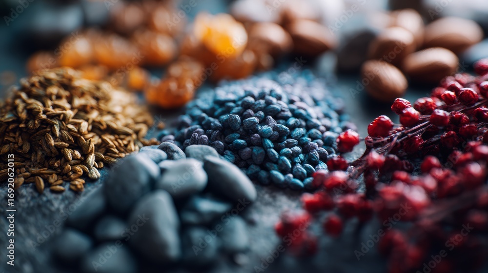Poster closeup of colorful spices nuts and seeds in vibrant arrangement with shallow depth of field