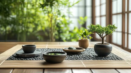 Elegant Japanese Zen garden decor with a mix of small pebbles, bamboo accents, and carefully placed bonsai trees for a tranquil home corner