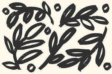 Abstract hand drawn black brush painted leaves and branches vector set, natural organic botanical ornament, ideal for posters, packaging, greeting cards, and decorative design.