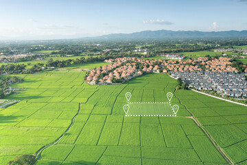 Land plot in aerial view. Identify registration symbol of vacant area for map. Real estate or property for business of home, house or residential i.e. construction, development, sale, rent, buy.