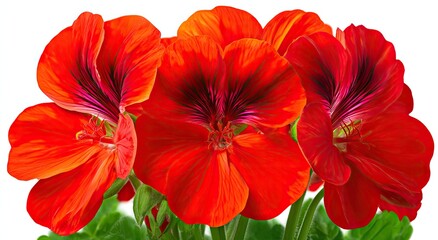 Close-up of three vibrant red geraniums