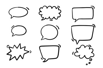 Fototapeta premium Set of hand drawn doodle speech bubbles, isolated on white background. Vector illustrations perfect for comics, messages, social media, and creative design projects.