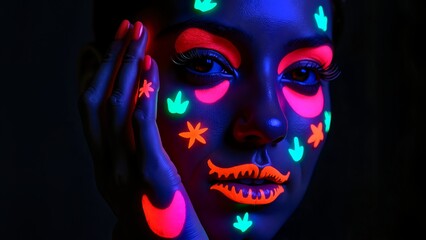 Young woman with neon face paint posing in dark environment  