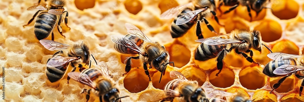 Poster a close-up of a honeycomb with bees in action, highlighting the intricate work of apiculture