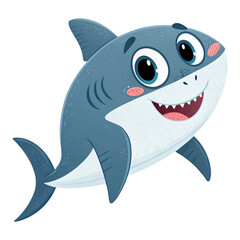 Cute cartoon shark with friendly smile on transparent background for kids party posters, ocean illustrations, educational projects and stickers