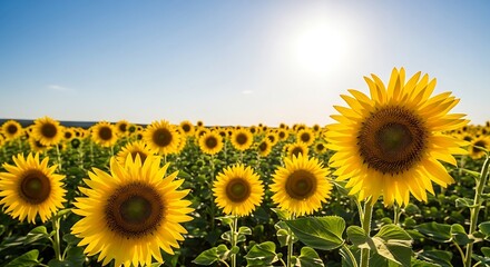 Obraz premium Radiant Sunflowers Under a Bright Blue Sky in Full Bloom.