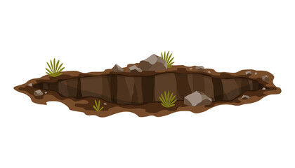 Hole ground. Works digging of sand coal waste rock or gravel. Brown, dry mine element of landscape. Cartoon illustration