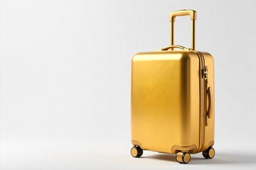 Gleaming golden luggage sits on a pristine white background, ready for a luxurious journey Its elegant design and rich color suggest high-end travel and sophistication , opulent, shadow, gold