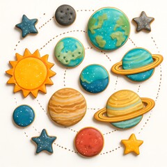 Whimsical handmade clay solar system model with planets sun and stars on white background